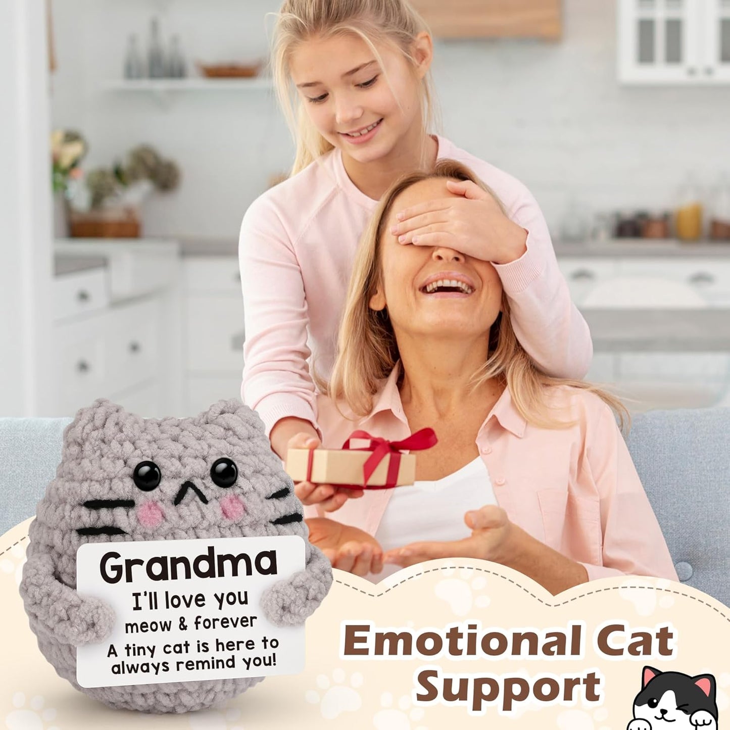 Crochet Cat Easter Basket Stuffers Positive Cat Crochet for Friend for Mom Grandma Dad Grandpa Daughter Son Gifts, Emotional Coworker Sister Brother Support Small Birthday Gifts