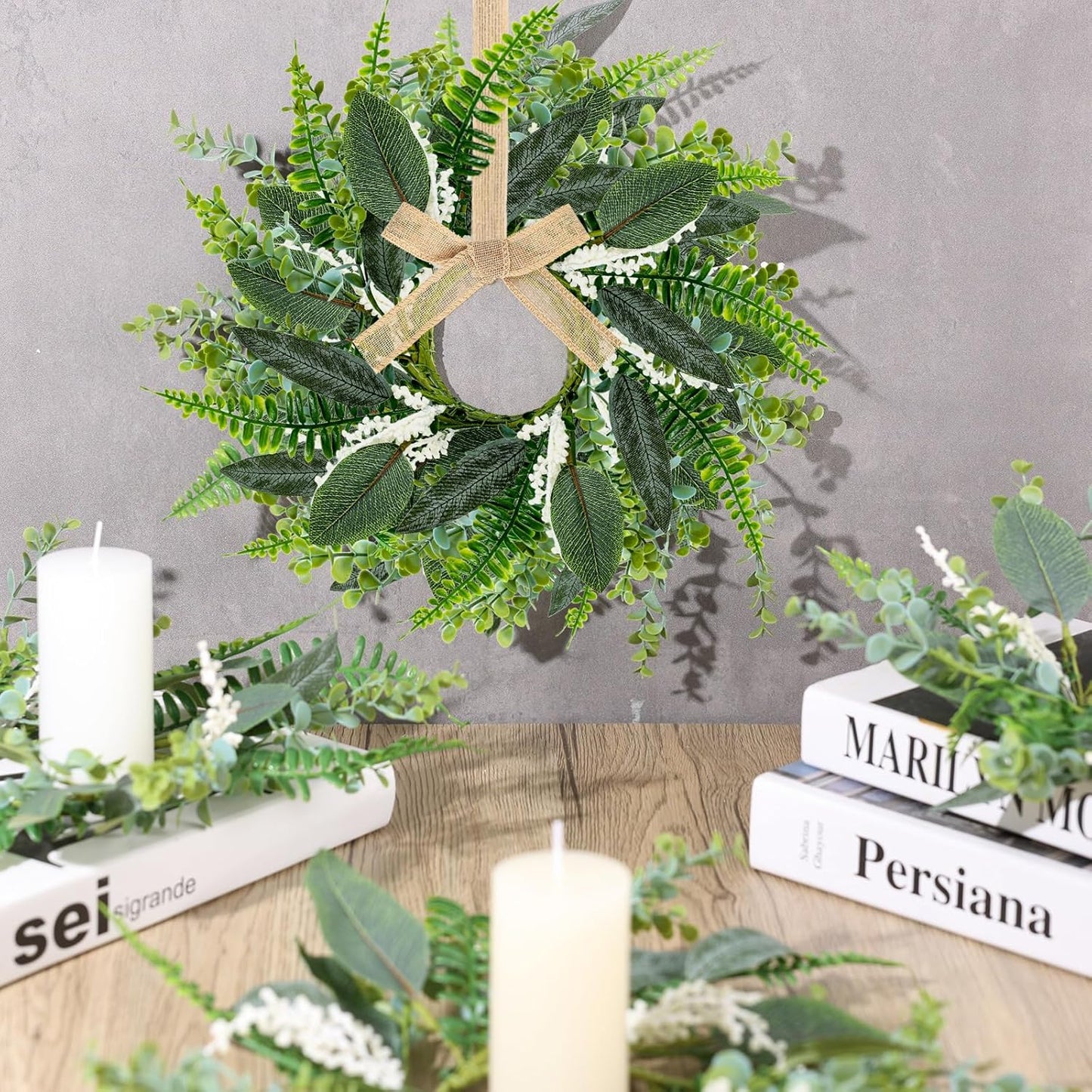 24" Christmas Wreaths for Front Door 2 PCS Christmas Teardrop Swag Winter Wreath with Red Ball Red Berry Pine Needles for Indoor Outdoor Farmhouse Home Wall Window Festival Wedding Decor