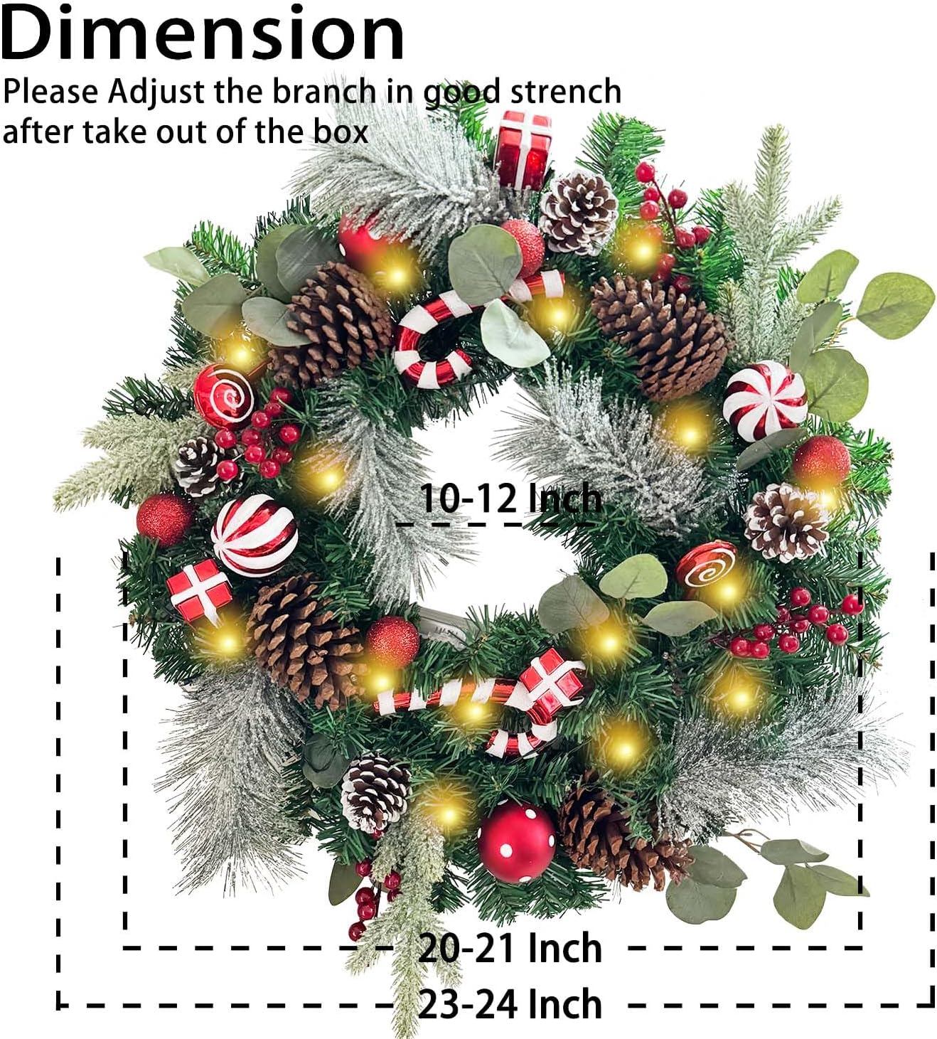 Pre-Lit 24 Inch Lighted Christmas Wreath for Front Door Champagne Gold Christmas Door Wreath Decor with Ball Ornaments, Poinsettia Flowers,Ribbon,Pine Cones,Battery Operated 30 LED Lights