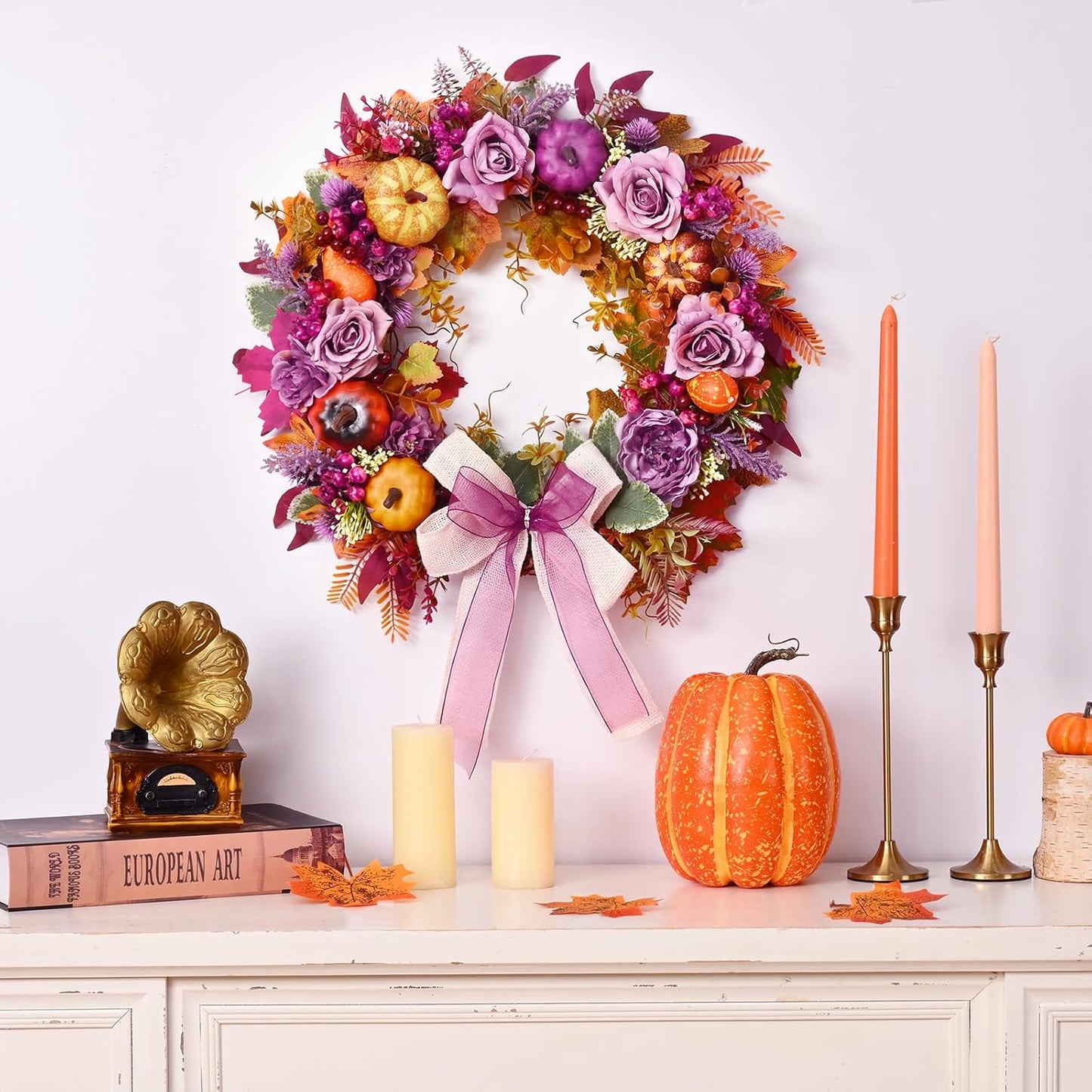 Fall Decor - 2025 Fall Wreaths for Front Door Outside with Blooming Silk Rose, Lifelike Fall Pumpkin Purple Berries & Bow, 18" Fall Door Wreath with Lights for Thanksgiving Door Wall Outside