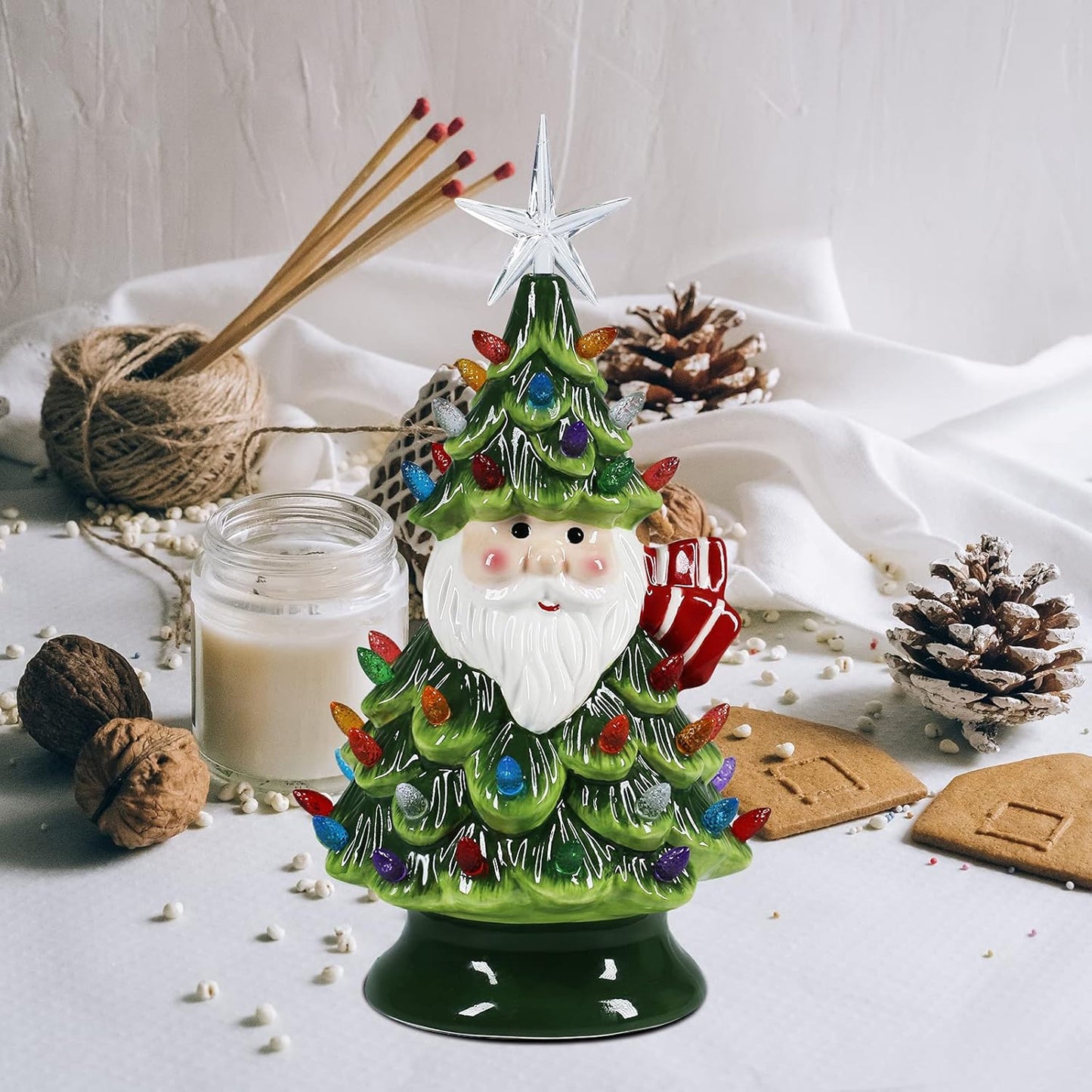 Ceramic Christmas Tree Tabletop Christmas Tree Lights with 50 Multicolored Lights and 1 Star Toppers for Table Top Desk Classic Series Xmas Decoration