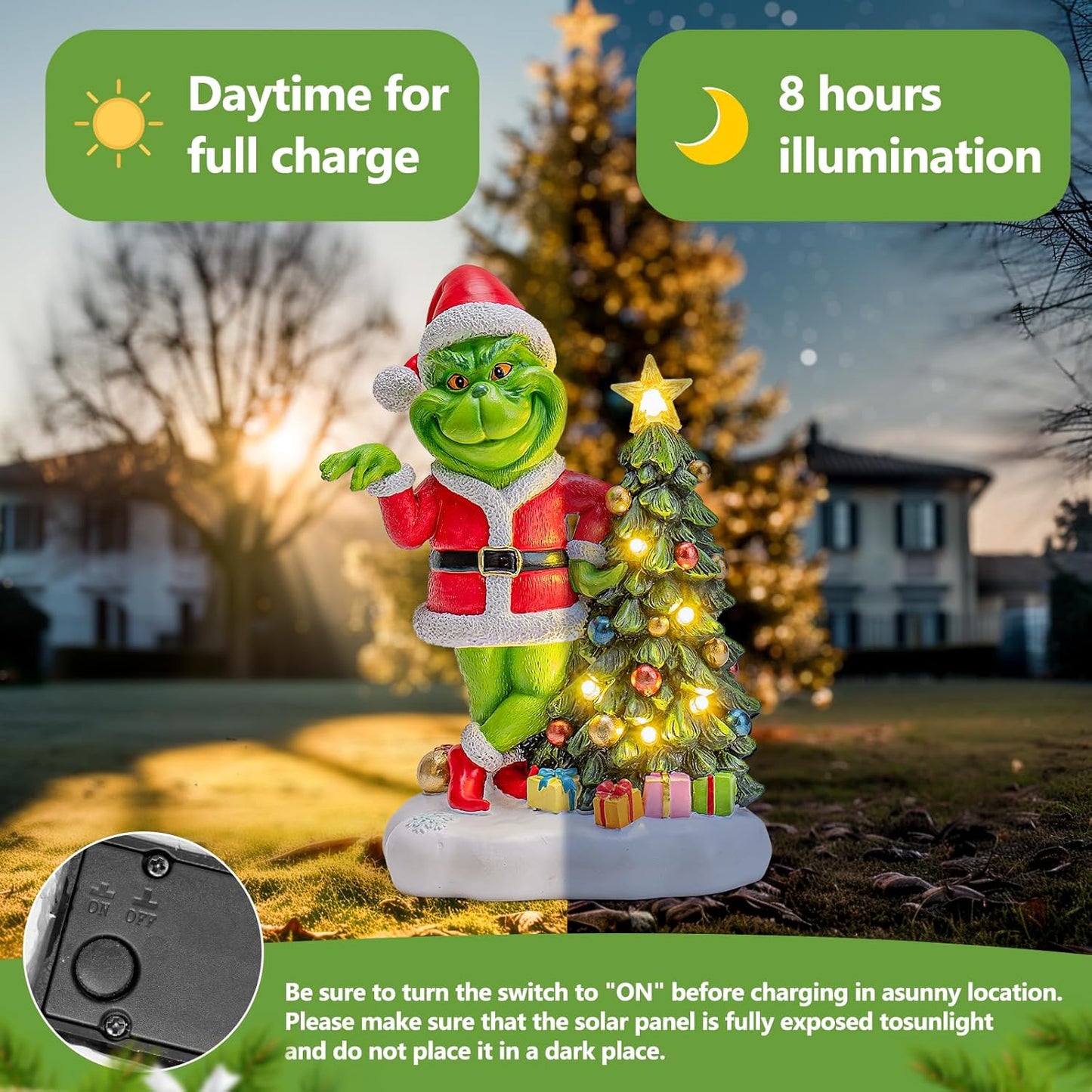 Solar Garden Outdoor Statues Green Monster with Christmas Tree and 6 LED Lights-Christmas Lawn Deco Statue for Patio, Balcony - Unique Christmas Housewarming Gifts