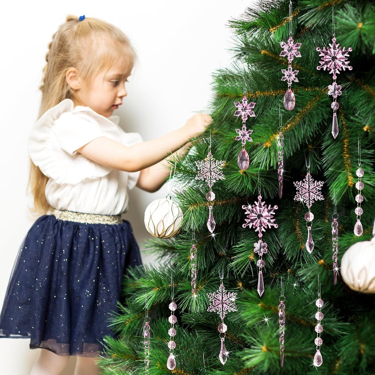 18pcs Christmas Tree Decoration Crystal Ornaments - Hanging Acrylic Christmas Snowflake Icicle Drop Crystal Ornaments for Xmas Tree Winter New Year Party Supplies