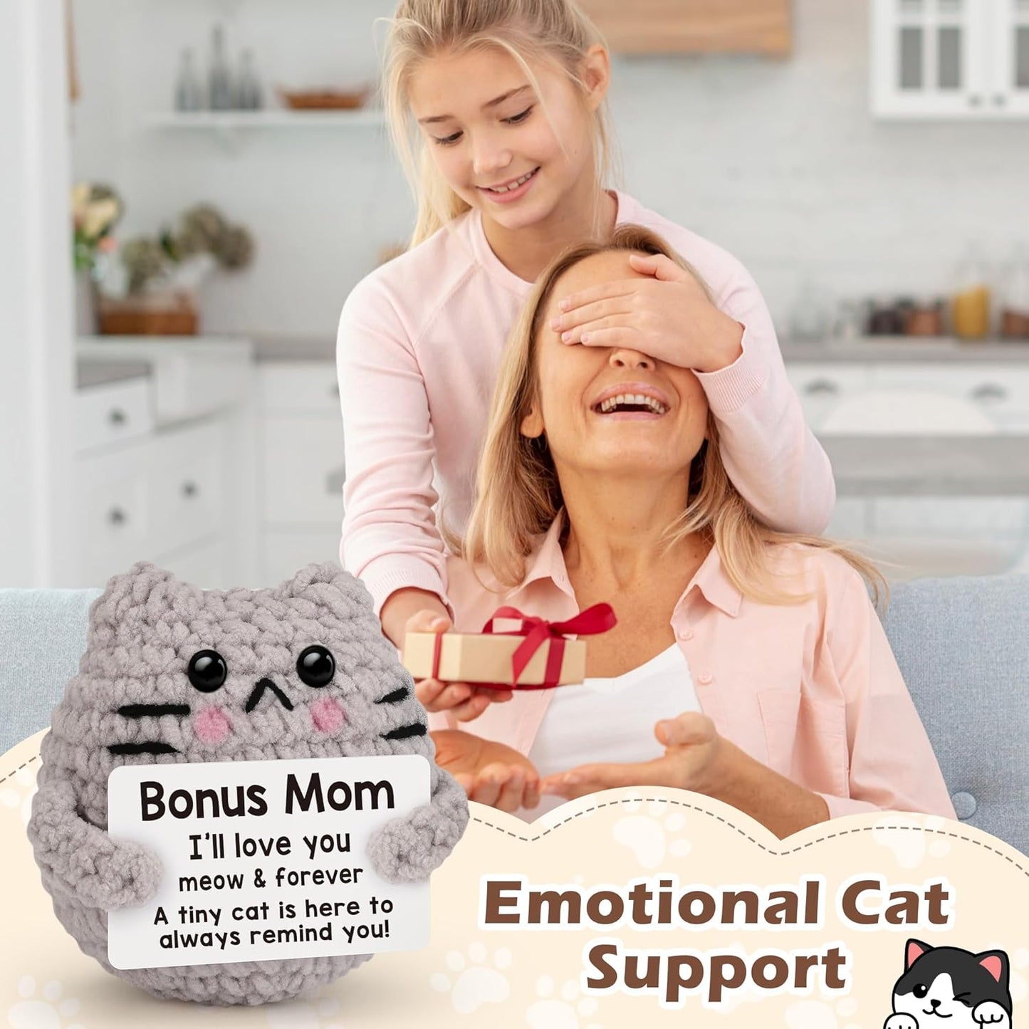 Crochet Cat Easter Basket Stuffers Positive Cat Crochet for Friend for Mom Grandma Dad Grandpa Daughter Son Gifts, Emotional Coworker Sister Brother Support Small Birthday Gifts