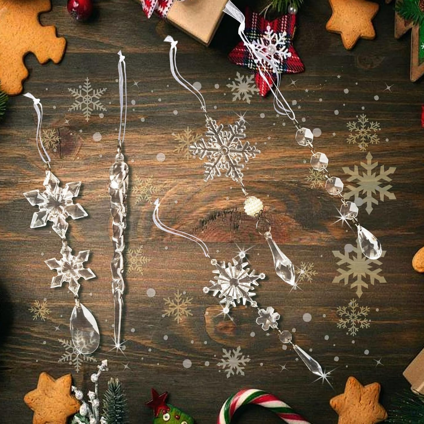 18pcs Christmas Tree Decoration Crystal Ornaments - Hanging Acrylic Christmas Snowflake Icicle Drop Crystal Ornaments for Xmas Tree Winter New Year Party Supplies