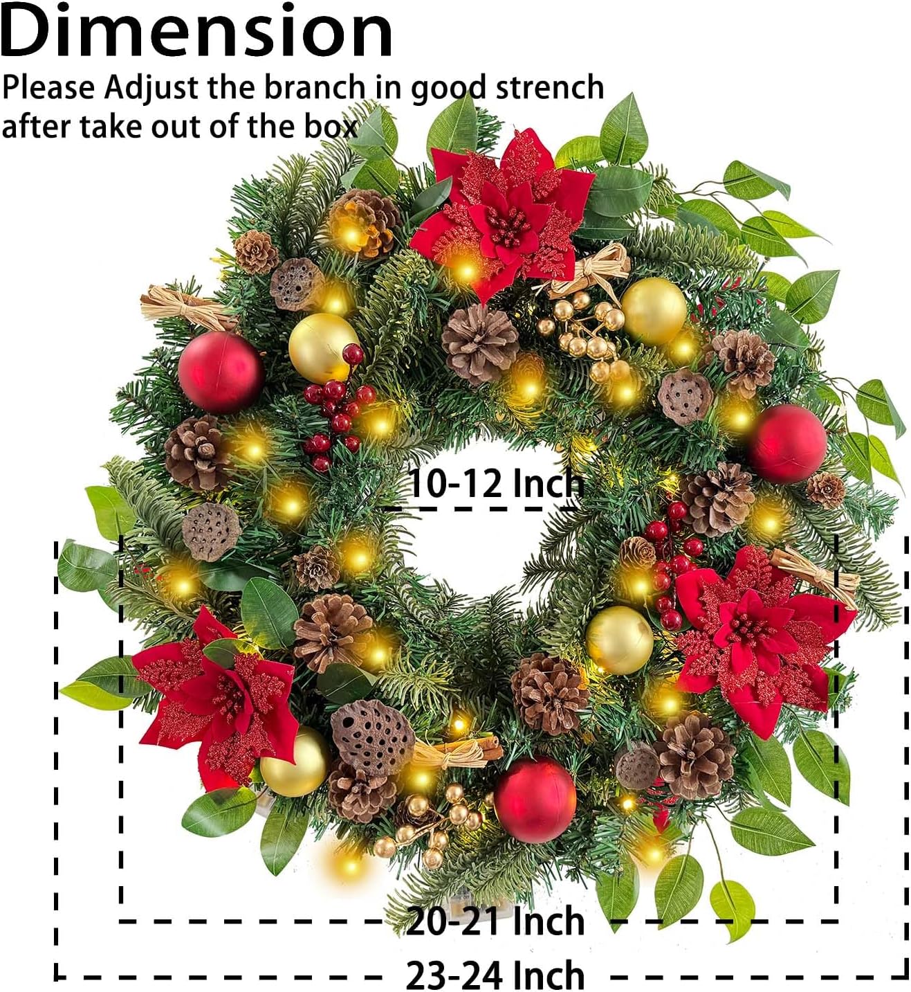 Pre-Lit 24 Inch Lighted Christmas Wreath for Front Door Champagne Gold Christmas Door Wreath Decor with Ball Ornaments, Poinsettia Flowers,Ribbon,Pine Cones,Battery Operated 30 LED Lights