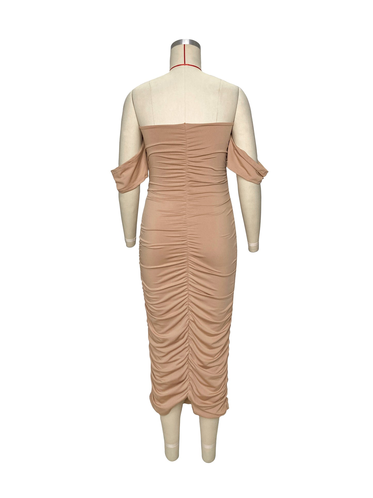 Khaki Ruched Off Shoulder Belly Friendly Baby Shower Club Party Tube Bodycon Maternity Midi Dress