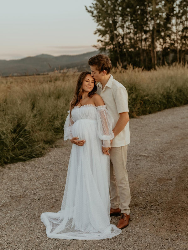 Off Shoulder Tulle Polka Dot Elegant Photoshoot Baby Shower Maternity Maxi Dress