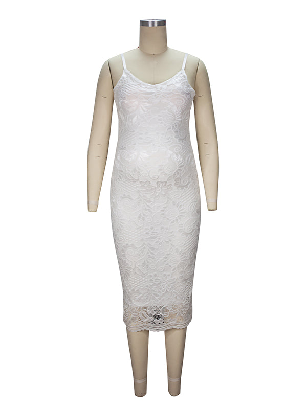 White Lace Spaghetti Strap Backless V-Neck Elegant Babyshower Party Maternity Midi Dress