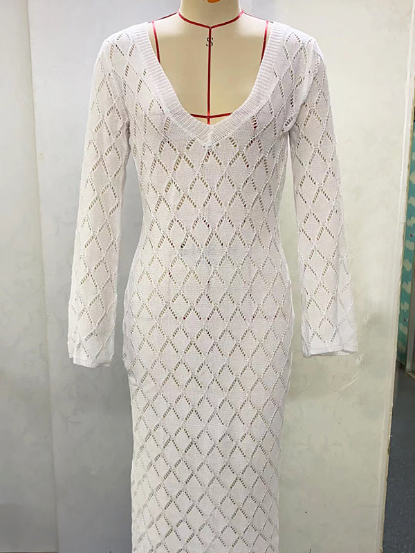 White Knitting Backless Tie Back Deep V-neck Photoshoot Maternity Maxi Dress