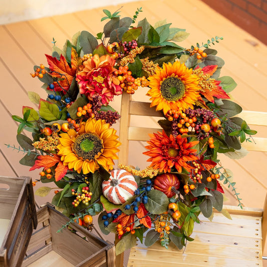 Fall Wreaths for Front Door – 24 Inch Autumn Wreath with Pumpkins, Sunflowers, Berries & Maple Leaves – Fall Door Wreath for Outdoor Thanksgiving, Halloween & Harvest Decor