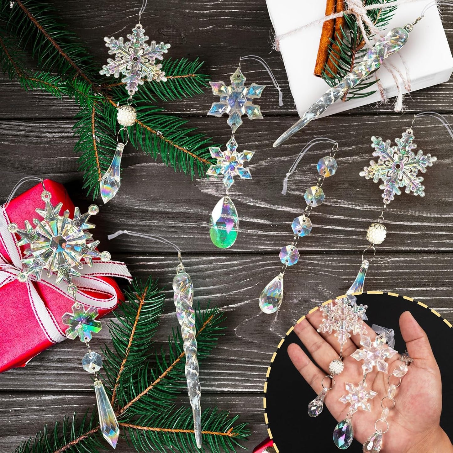 18pcs Christmas Tree Decoration Crystal Ornaments - Hanging Acrylic Christmas Snowflake Icicle Drop Crystal Ornaments for Xmas Tree Winter New Year Party Supplies