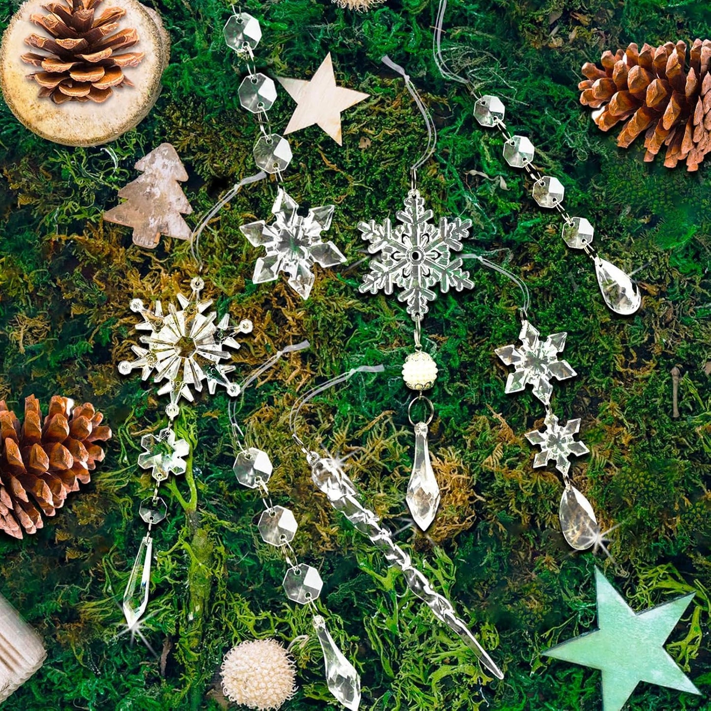 18pcs Christmas Tree Decoration Crystal Ornaments - Hanging Acrylic Christmas Snowflake Icicle Drop Crystal Ornaments for Xmas Tree Winter New Year Party Supplies