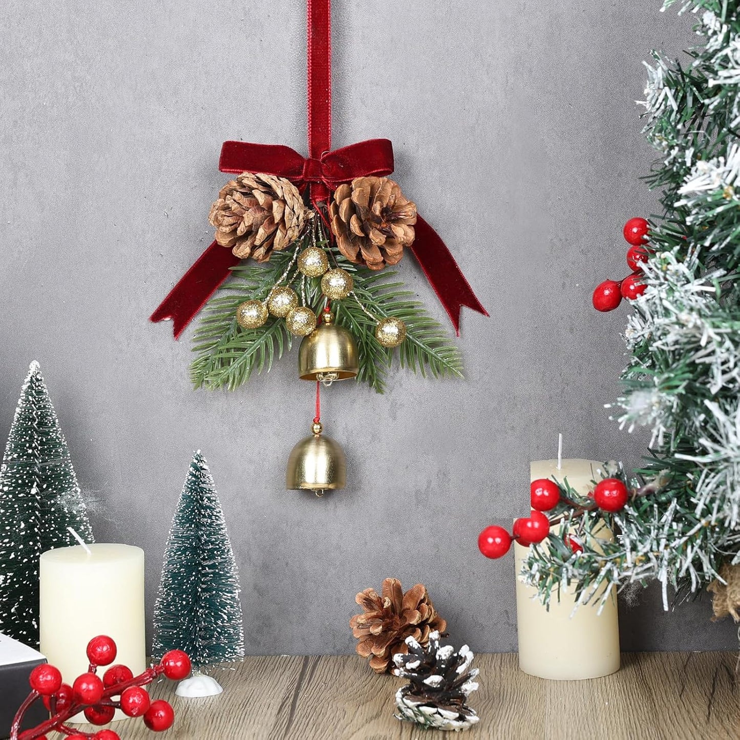 24" Christmas Wreaths for Front Door 2 PCS Christmas Teardrop Swag Winter Wreath with Red Ball Red Berry Pine Needles for Indoor Outdoor Farmhouse Home Wall Window Festival Wedding Decor