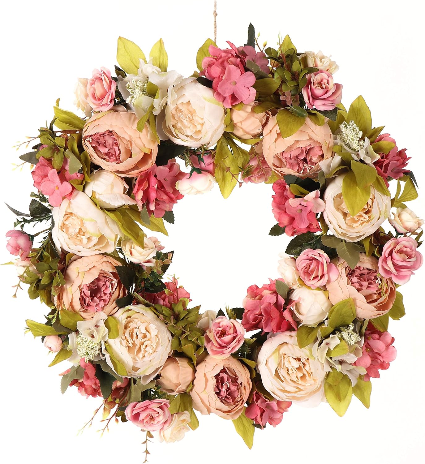 Peony Spring Wreaths for Front Door Outside 22 inch Handmade Summer Wreaths for Front Door Wall Window Decor in All Season(Large)