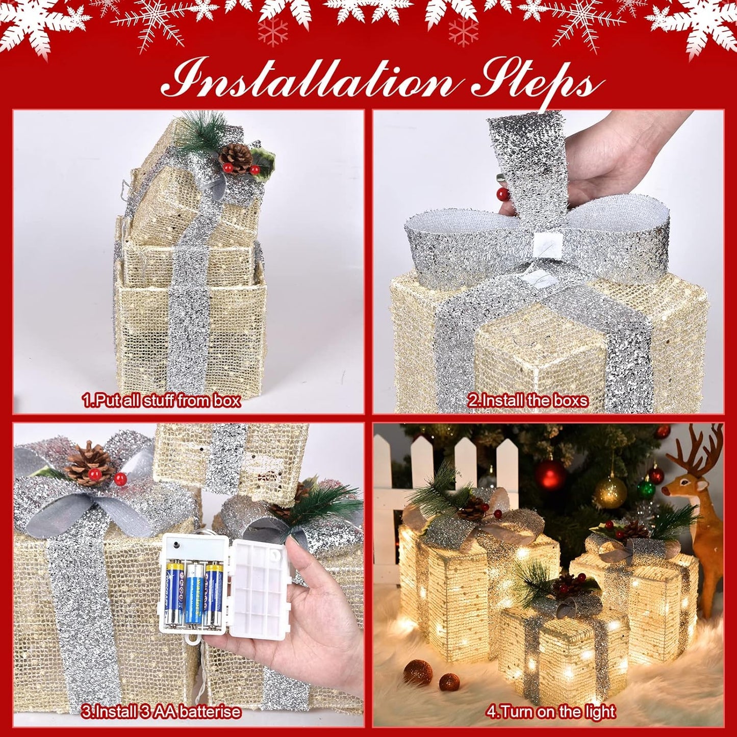 Christmas Joy Lighted Gift Boxes Decorations Set of 3, 2.6Ft Stackable Christmas Nesting Boxes Battery Operated for Home and Party Decoration