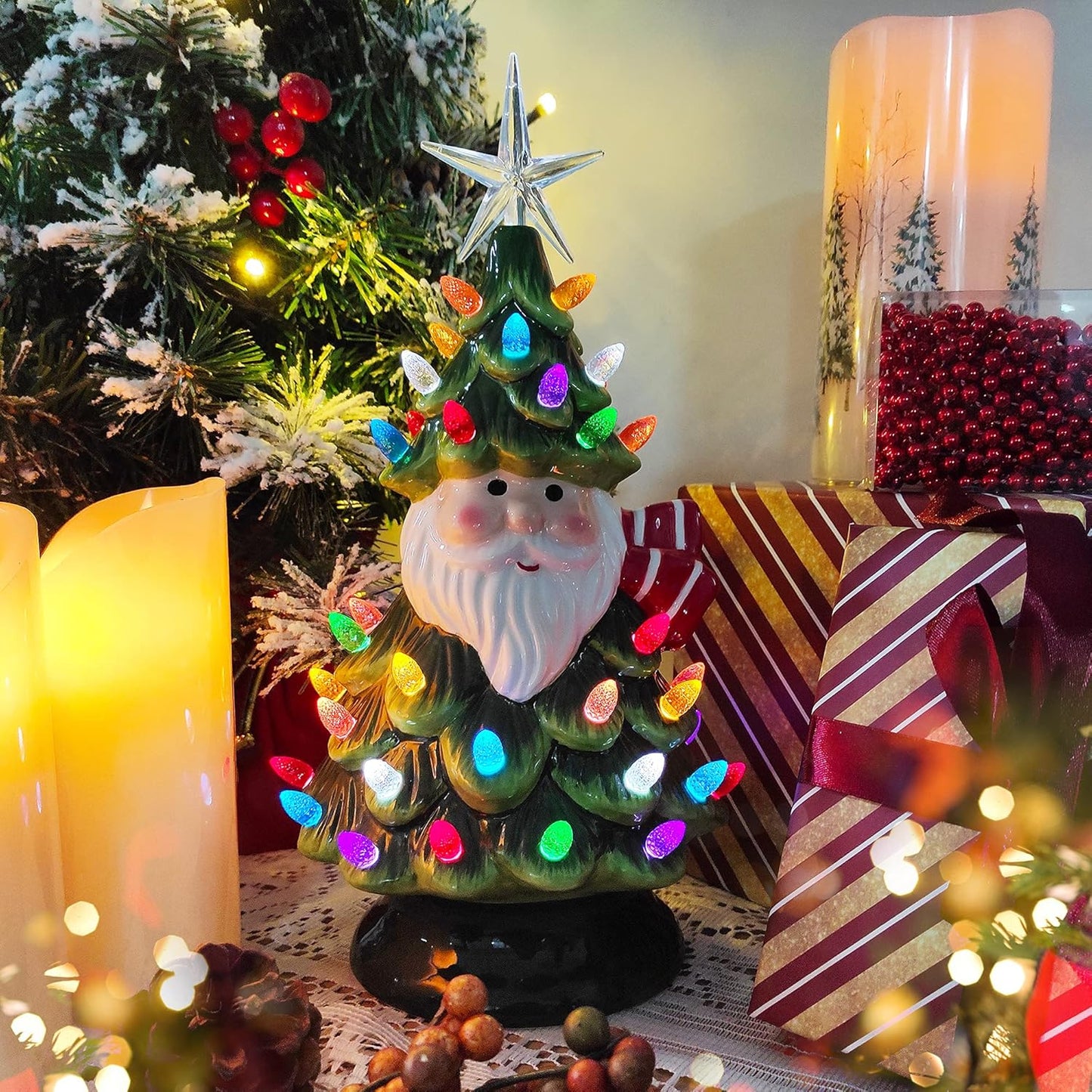 Ceramic Christmas Tree Tabletop Christmas Tree Lights with 50 Multicolored Lights and 1 Star Toppers for Table Top Desk Classic Series Xmas Decoration