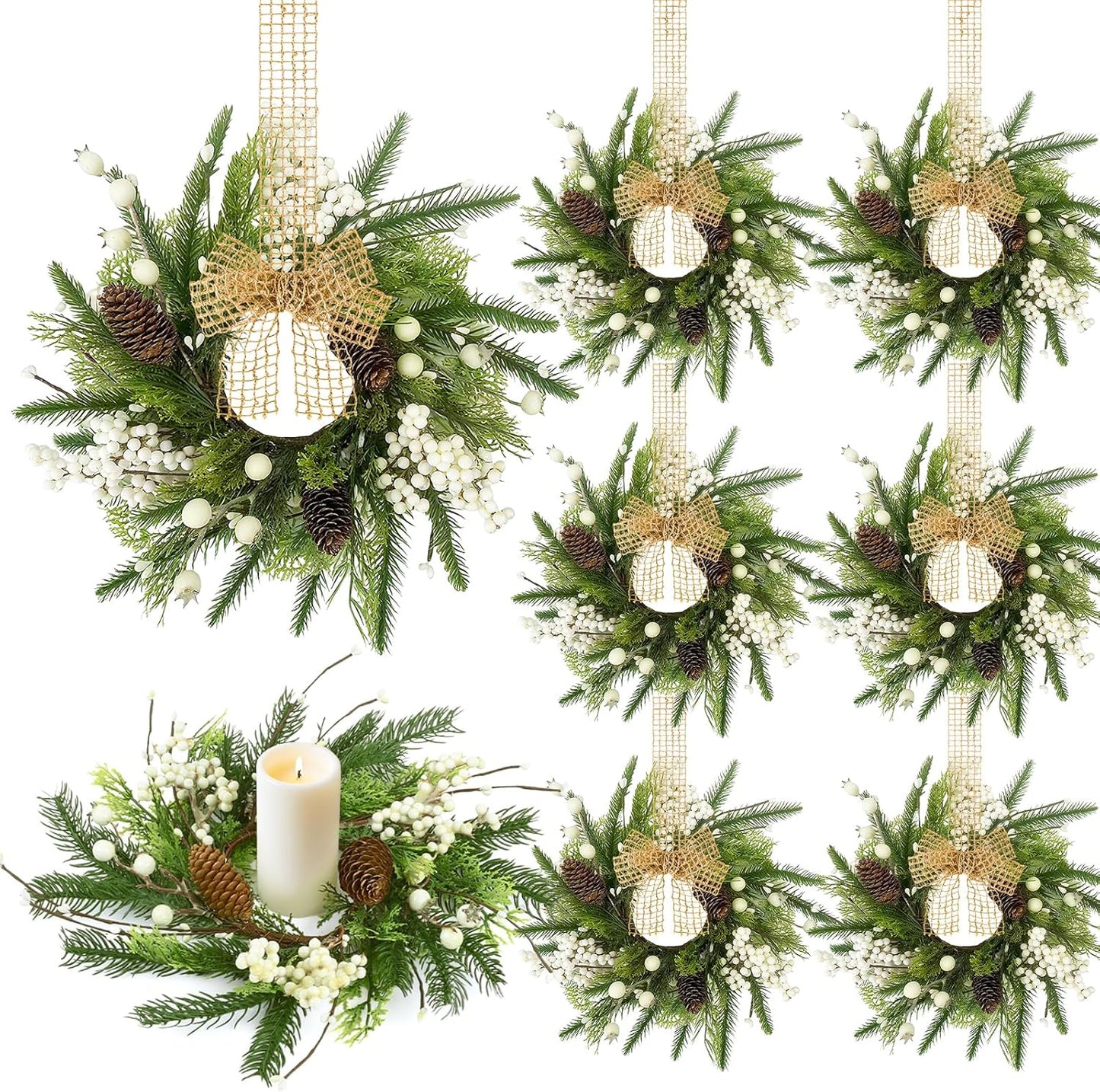 24" Christmas Wreaths for Front Door 2 PCS Christmas Teardrop Swag Winter Wreath with Red Ball Red Berry Pine Needles for Indoor Outdoor Farmhouse Home Wall Window Festival Wedding Decor