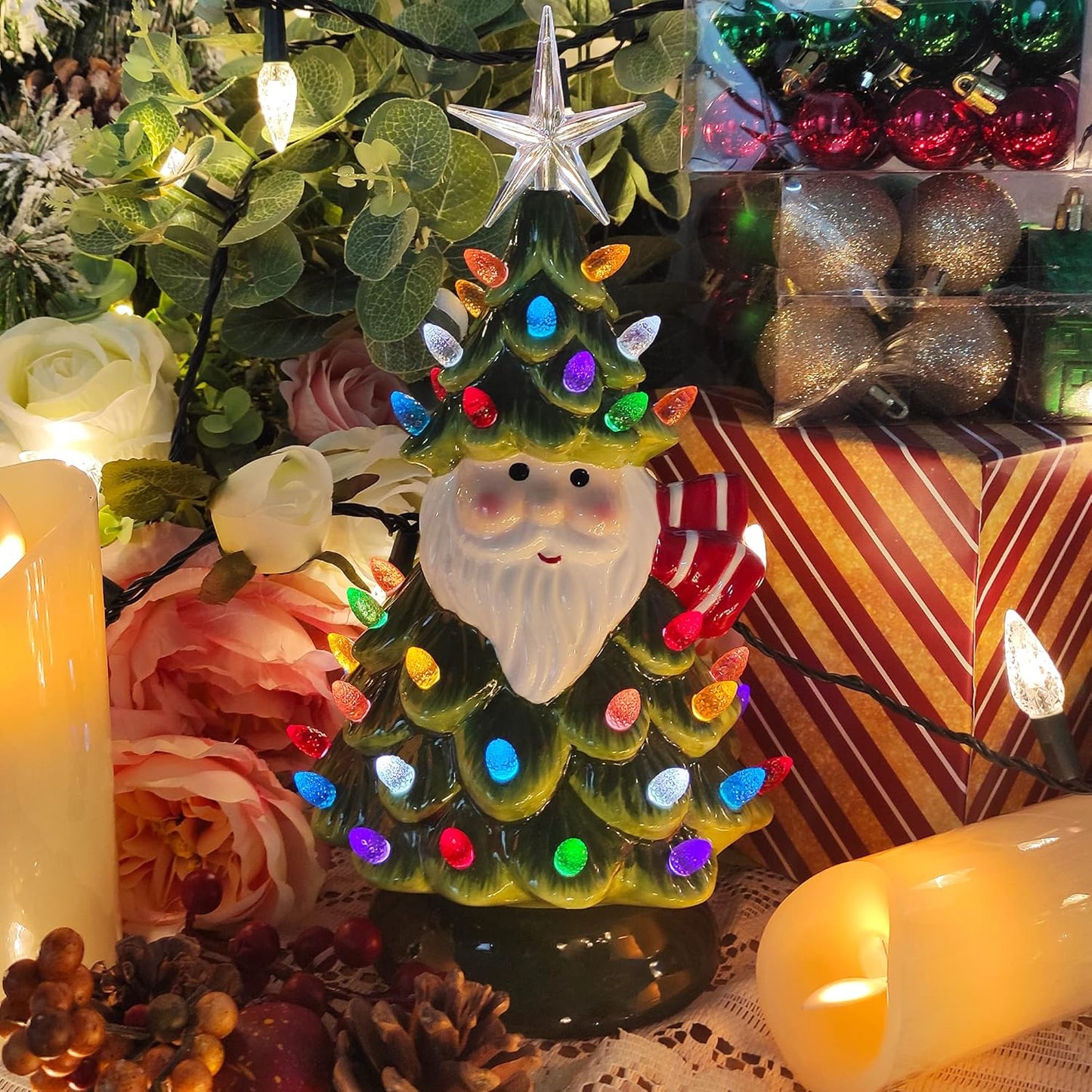 Ceramic Christmas Tree Tabletop Christmas Tree Lights with 50 Multicolored Lights and 1 Star Toppers for Table Top Desk Classic Series Xmas Decoration