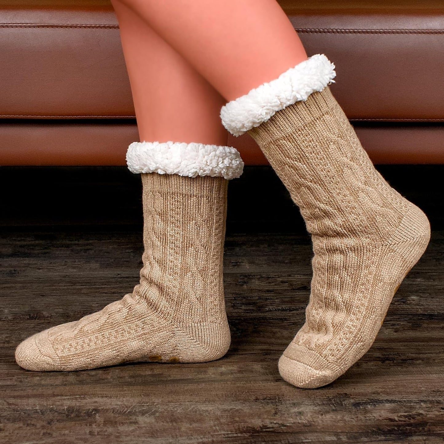 Women's Fuzzy Slipper Socks with Non-Slip Grippers, Cozy Fluffy Sherpa Lined, Cute Christmas Gifts