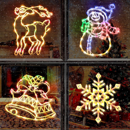 4 Pack Christmas Window Silhouette Lights Decorations, Lighted Wreath, Candy Cane, Snowflakes, and Snow Man Christmas Window Light Decorations for Holiday Indoor Outdoor Wall Door Glass Decorations