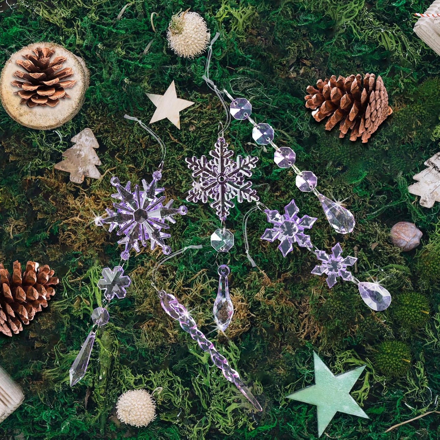18pcs Christmas Tree Decoration Crystal Ornaments - Hanging Acrylic Christmas Snowflake Icicle Drop Crystal Ornaments for Xmas Tree Winter New Year Party Supplies