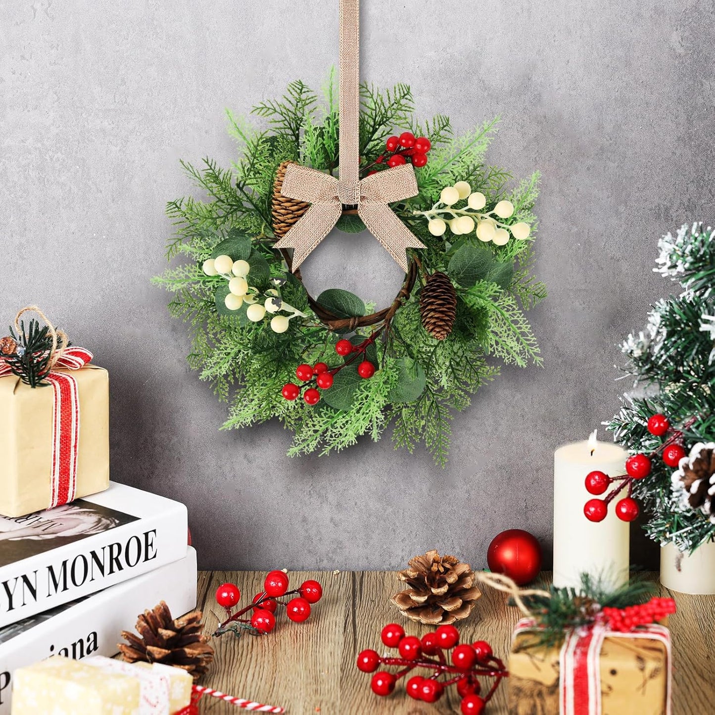 24" Christmas Wreaths for Front Door 2 PCS Christmas Teardrop Swag Winter Wreath with Red Ball Red Berry Pine Needles for Indoor Outdoor Farmhouse Home Wall Window Festival Wedding Decor