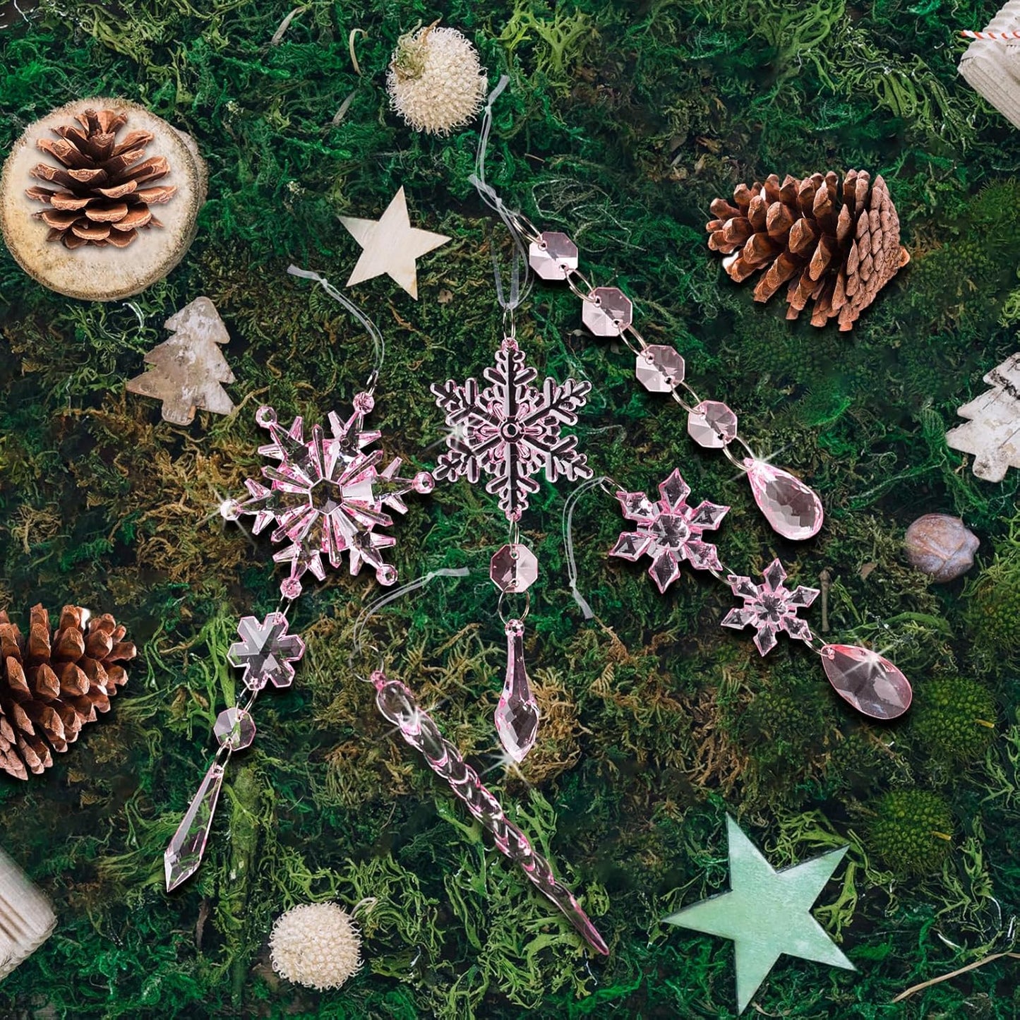 18pcs Christmas Tree Decoration Crystal Ornaments - Hanging Acrylic Christmas Snowflake Icicle Drop Crystal Ornaments for Xmas Tree Winter New Year Party Supplies