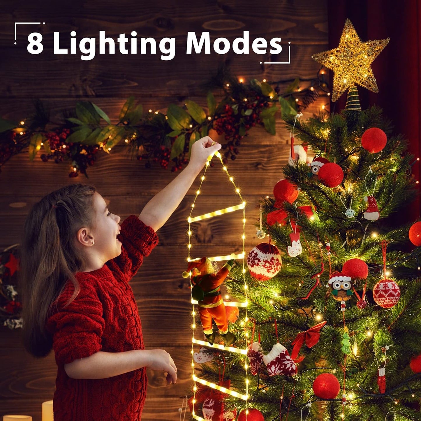 LED Christmas Lights - 10ft Christmas Decorative Ladder Lights with Santa Claus, Xmas Decorations Light for Indoor Outdoor, Window, Garden, Home, Wall, Xmas Tree Decor - Warm White