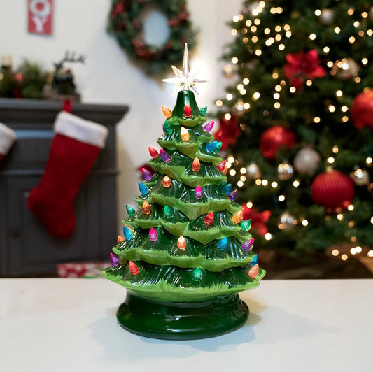 Christmas is Forever Lighted Tabletop Ceramic Christmas Tree, 16 Inch Green Tree with Multicolored Lights