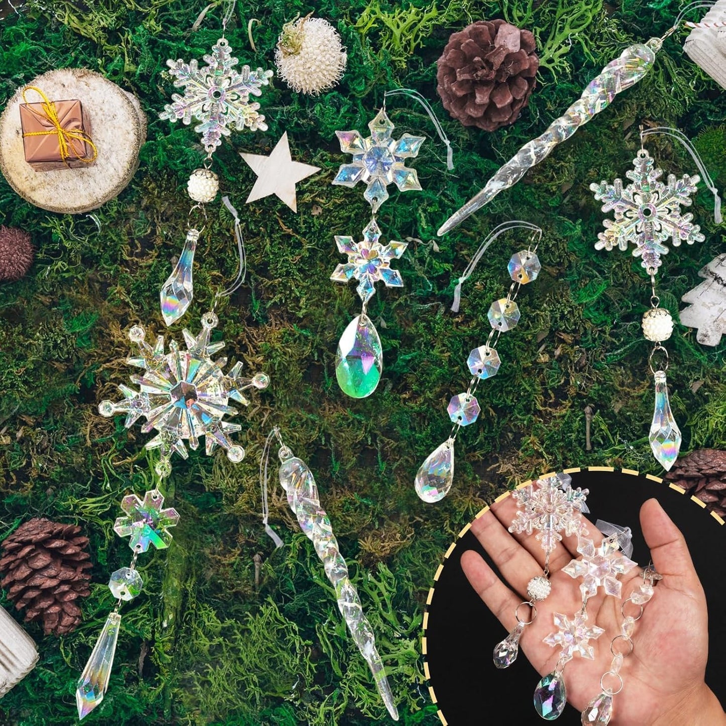 18pcs Christmas Tree Decoration Crystal Ornaments - Hanging Acrylic Christmas Snowflake Icicle Drop Crystal Ornaments for Xmas Tree Winter New Year Party Supplies