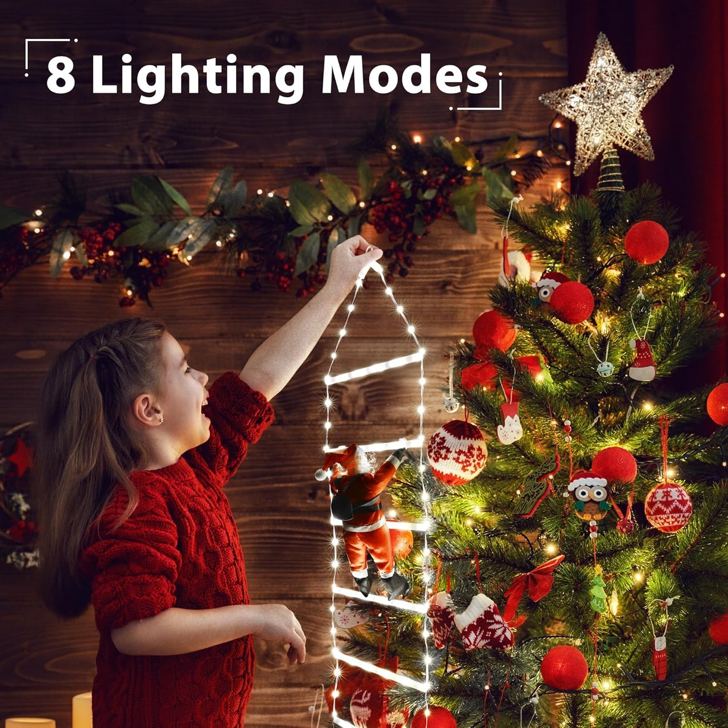 LED Christmas Lights - 10ft Christmas Decorative Ladder Lights with Santa Claus, Xmas Decorations Light for Indoor Outdoor, Window, Garden, Home, Wall, Xmas Tree Decor - Warm White