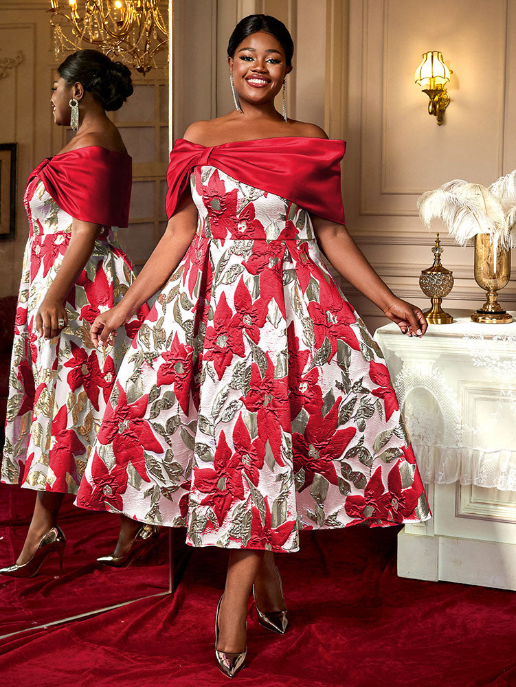 Elegant Jacquard A Line Wedding Guests Dresses Slash Neck