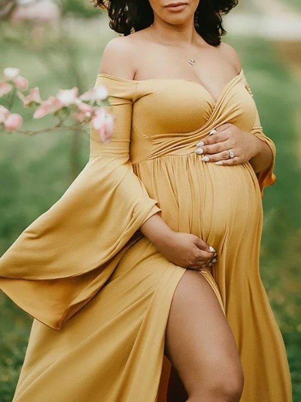 Solid Off Shoulder V-neck Slit Flare Sleeve Party Long Train Gown Maternity Photoshoot Maxi Dress
