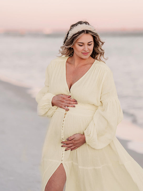Ivory White Single Breasted Open Front Big Swing Deep V-neck Robe Elegant Wedding Gown Maternity Boho Photoshoot Baby Shower Maxi Dress