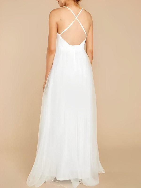 White Tulle Off Shoulder Grenadine Side Slit Backless V-Neck Cute Gown Baby Shower Maternity Maxi Dress