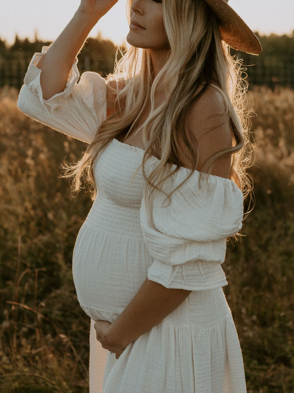 White Ruffle Ruched High Waist Puff Sleeve Cute Photoshoot Maternity Maxi Dress