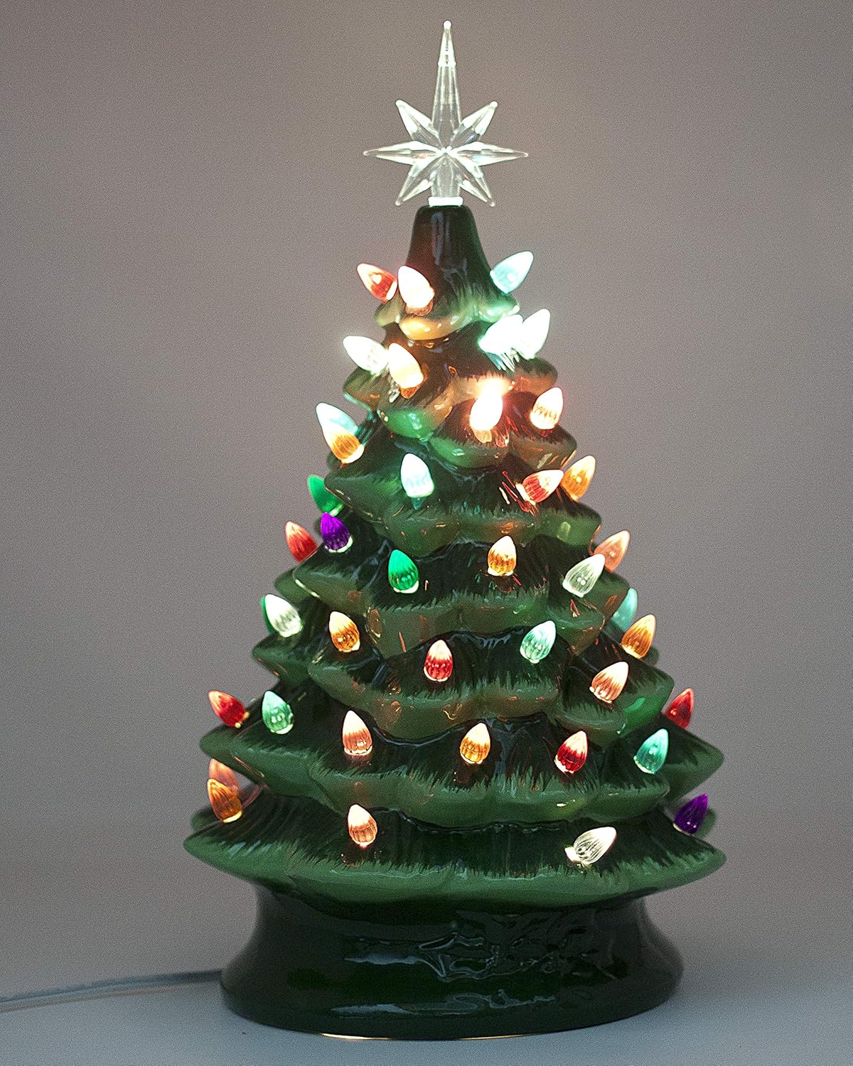 Christmas is Forever Lighted Tabletop Ceramic Christmas Tree, 16 Inch Green Tree with Multicolored Lights