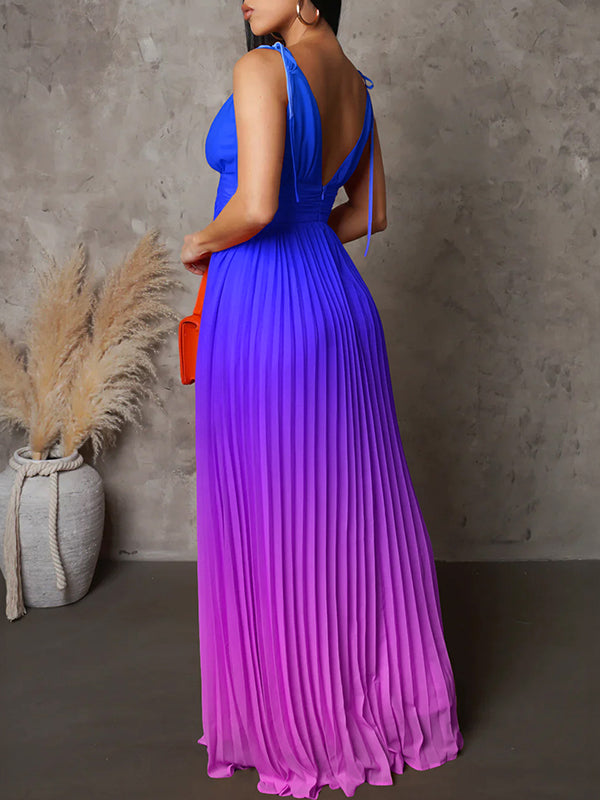 Belly Friendly Spaghetti Strap Pleated Gradient Color Babyshower Maternity Maxi Dress