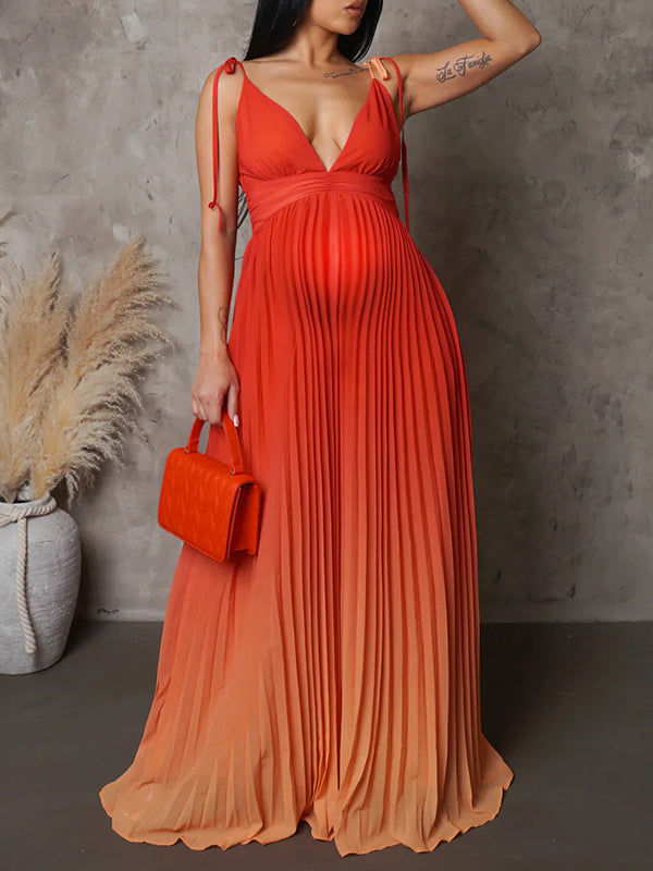 Belly Friendly Spaghetti Strap Pleated Gradient Color Babyshower Maternity Maxi Dress
