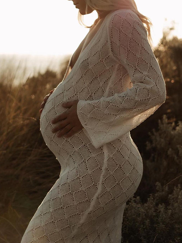White Knitting Backless Tie Back Deep V-neck Photoshoot Maternity Maxi Dress