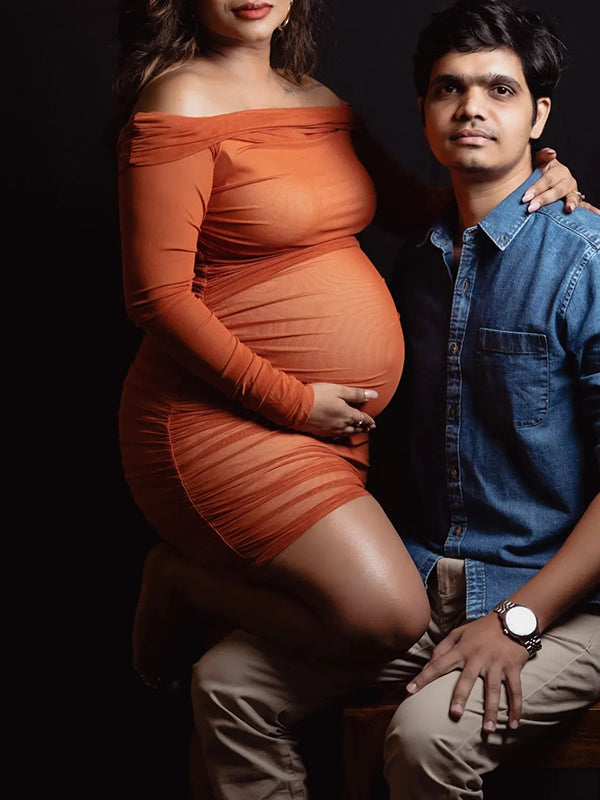Caramel Off Shoulder Grenadine Ruched Elegant Baby Shower Maternity Midi Dress