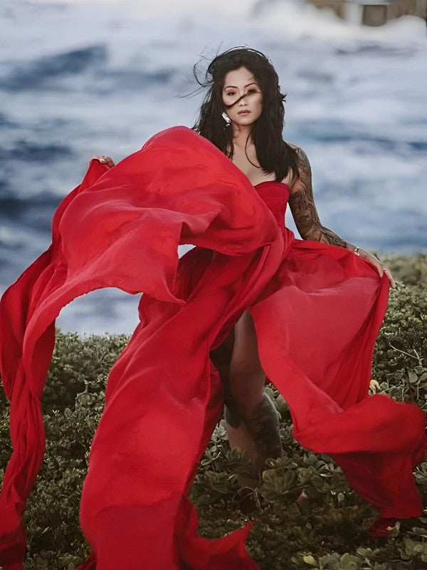 Chiffon Bandeau Flowy Slit Side Wrap Tulle Irregular Photoshoot Maternity Maxi Dress