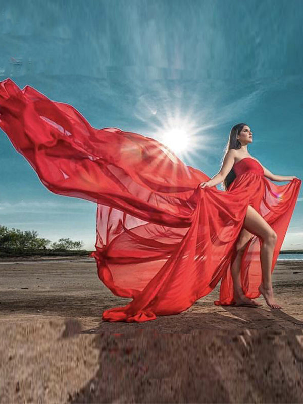 Chiffon Bandeau Flowy Slit Side Wrap Tulle Irregular Photoshoot Maternity Maxi Dress