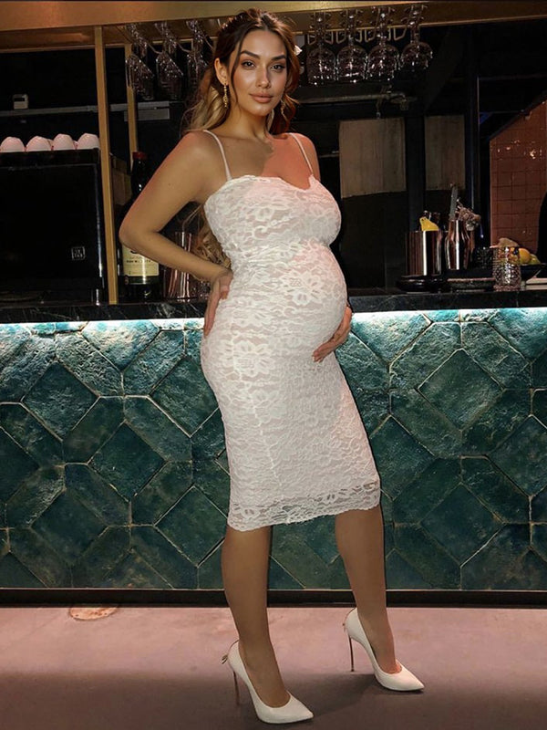 White Lace Spaghetti Strap Backless V-Neck Elegant Babyshower Party Maternity Midi Dress
