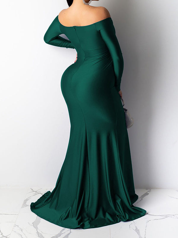Green Off Shoulder Long Sleeve High Split Bodycon Solid Baby Shower Evening Gown Maternity Maxi Dress