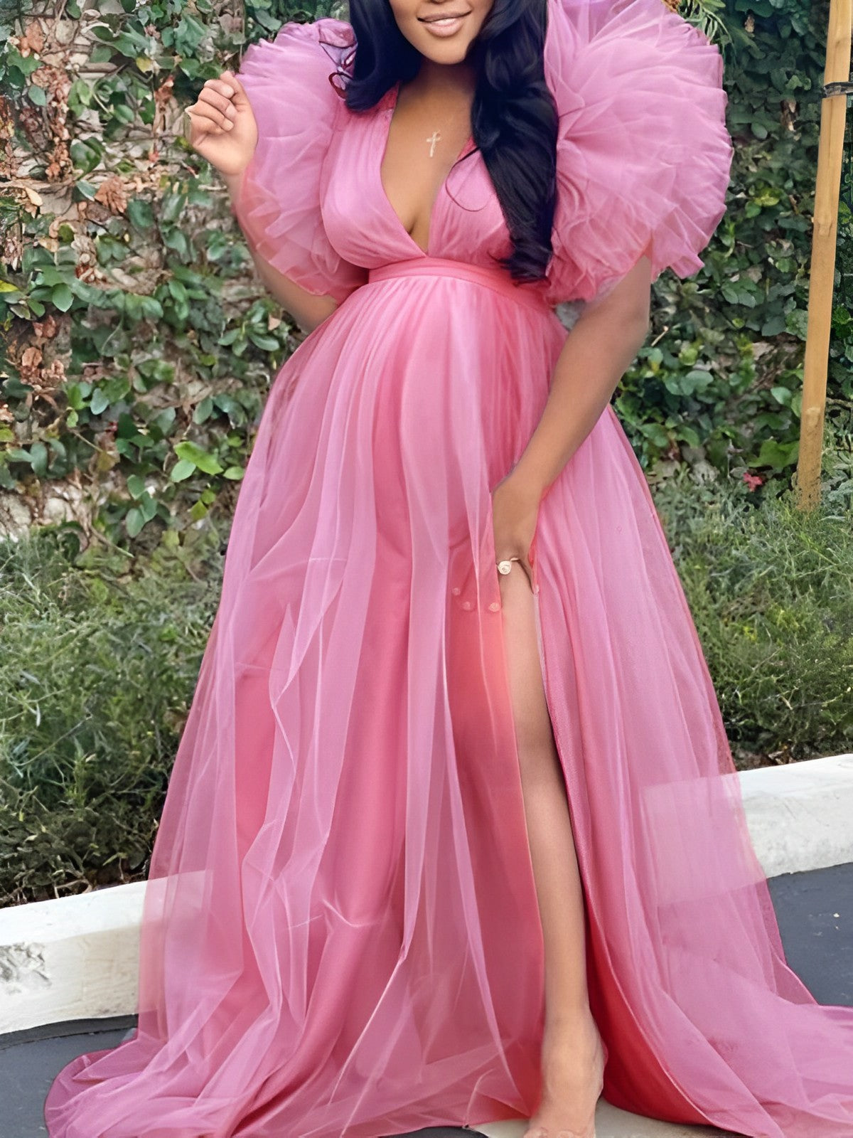 Pink Tulle Ruffle Swing V-neck Slit Photoshoot Plus Size Gown Maternity Maxi Dress