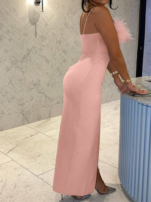 Spaghetti Strap Off Shoulder Feather Splicing Side Slit Bodycon Party Maternity Maxi Dress