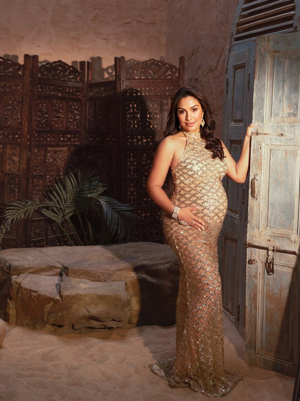 Off Shoulder Backless Sequins Mermaid Halter Neck Banquet Evening Gown Maternity Maxi Dress