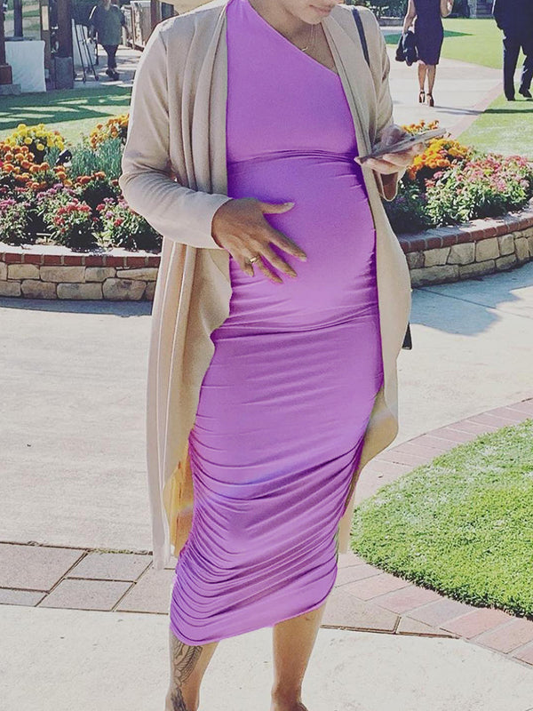 Lavender One Shoulder Ruched Shirred Bodycon Baby Shower Maternity Midi Dress